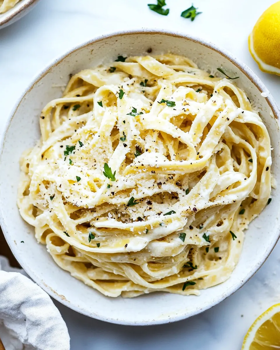 Easy Lemon Garlic Cream Fettuccini food shot