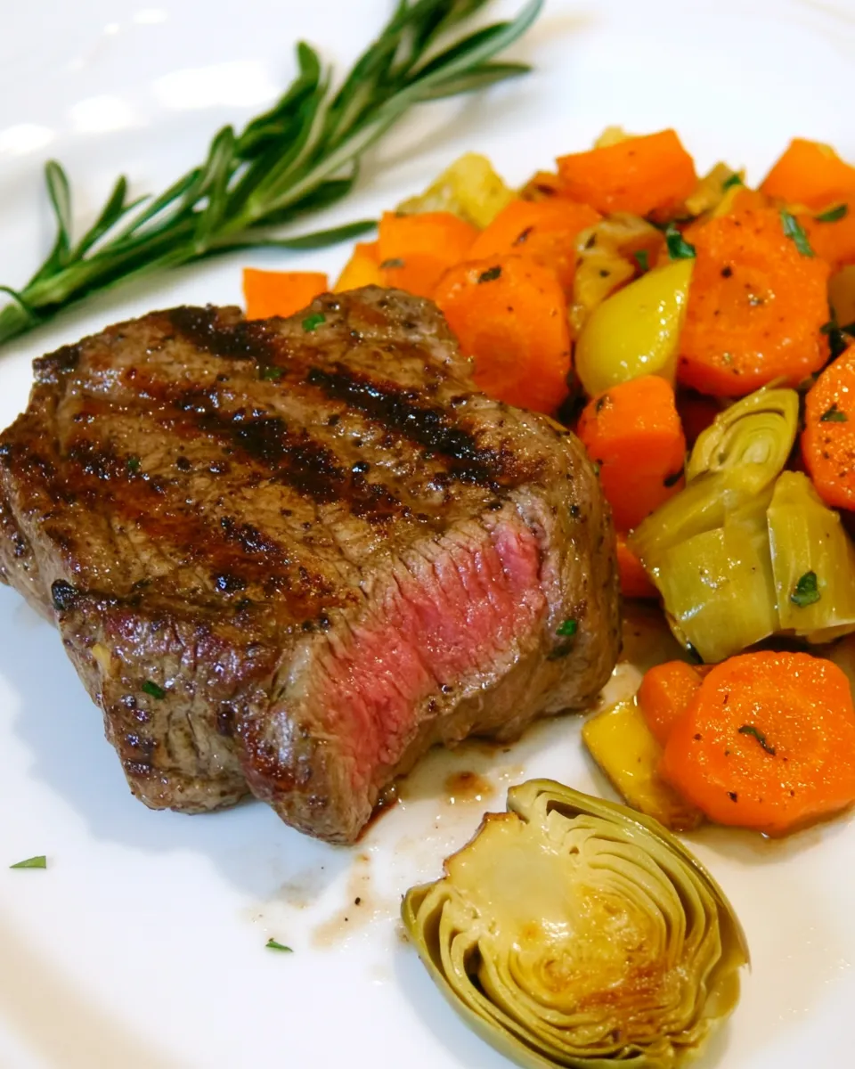 Classic Marilyn Monroe Broiled Steak & Artichoke Carrot Salad dish photo