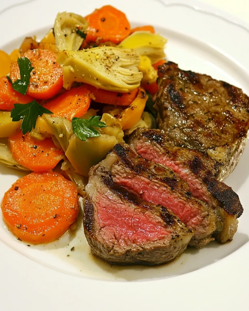 Easy Marilyn Monroe Broiled Steak & Artichoke Carrot Salad food shot