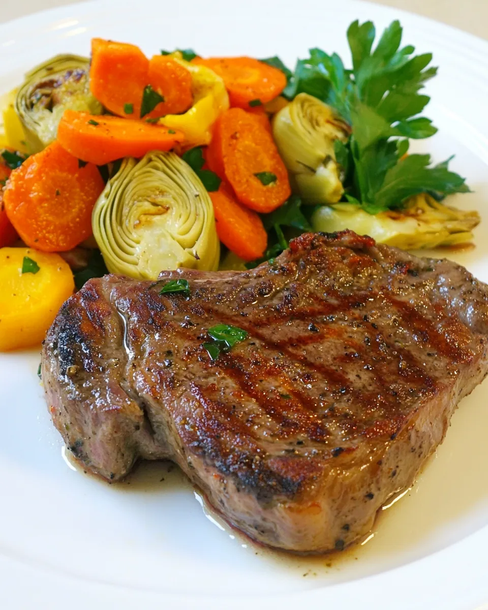 Delicious Marilyn Monroe Broiled Steak & Artichoke Carrot Salad plate image