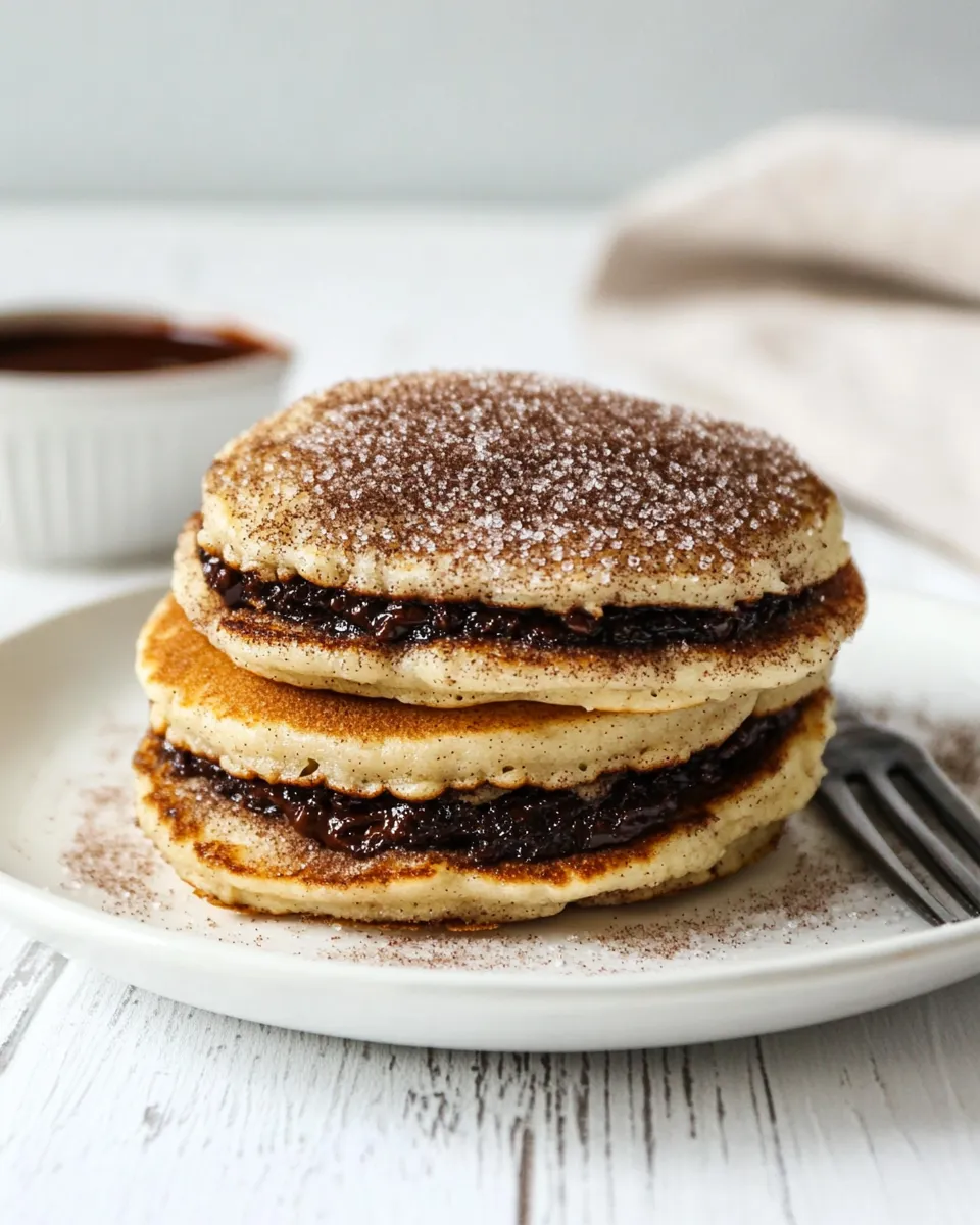 Easy Nutella Stuffed Cinnamon Sugar Donut Pancakes food shot