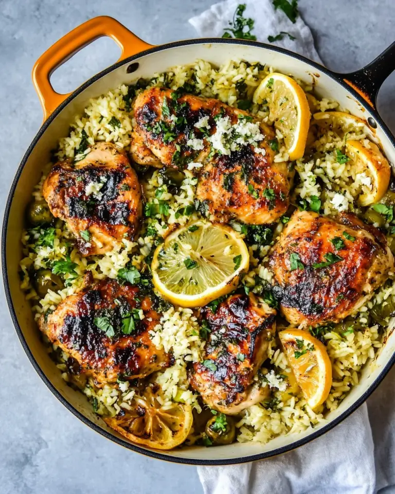 Delicious One Skillet Greek Lemon Chicken and Rice. food shot