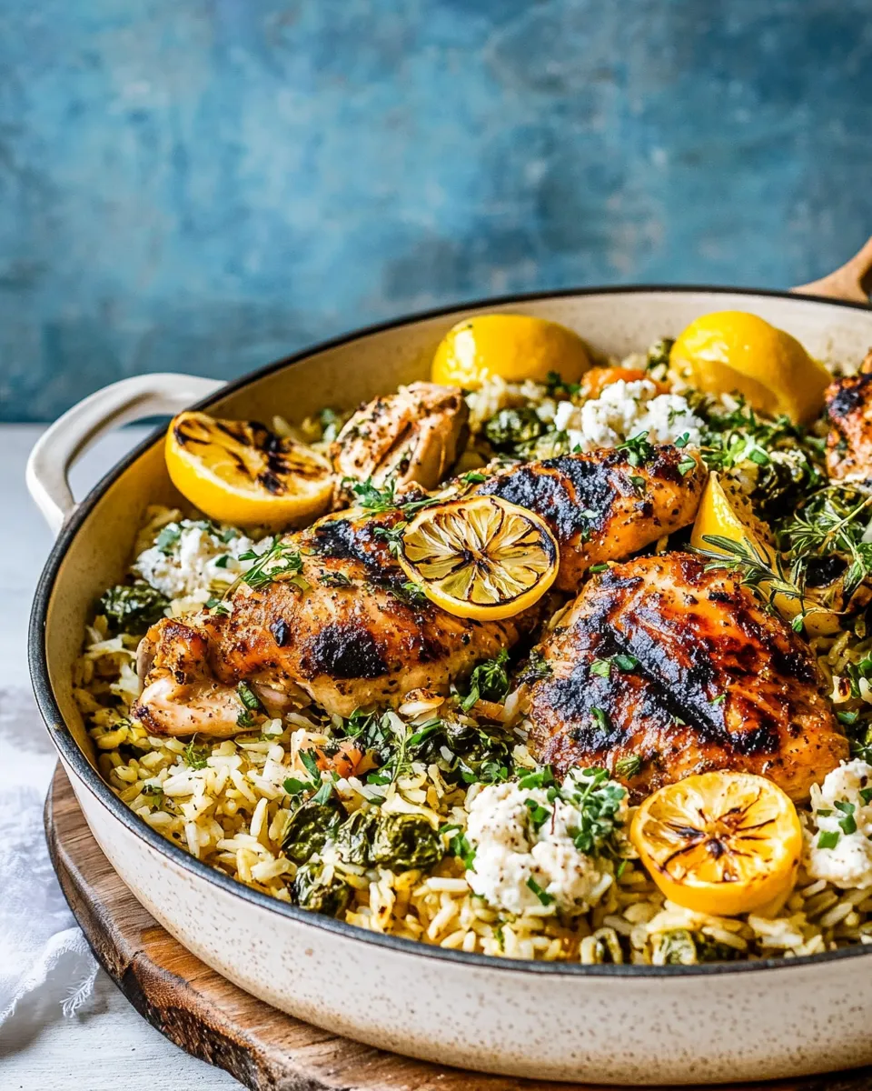 Savory One Skillet Greek Lemon Chicken and Rice. food shot