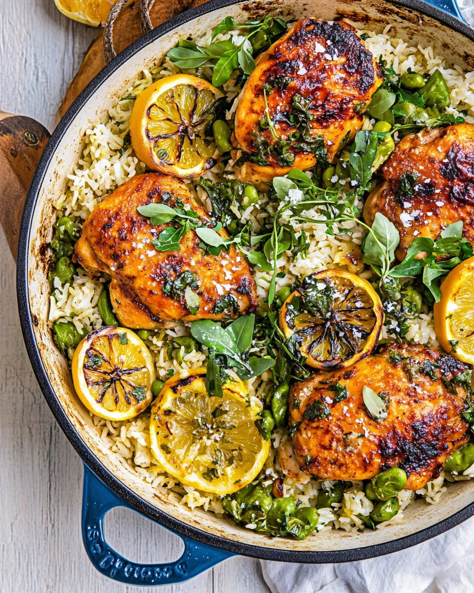 Tasty One Skillet Greek Lemon Chicken and Rice. food shot