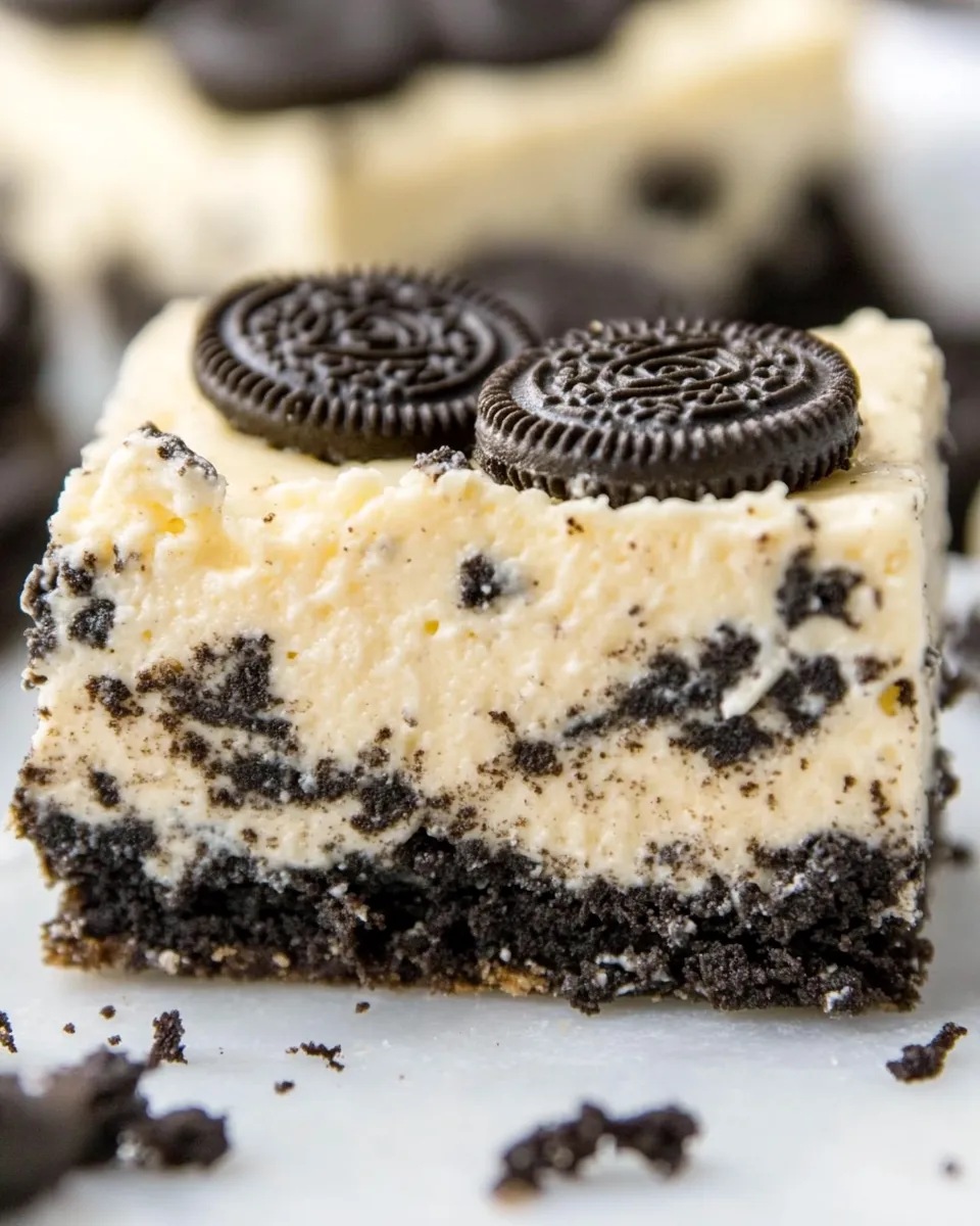 Delicious Oreo Cheesecake Bars food shot