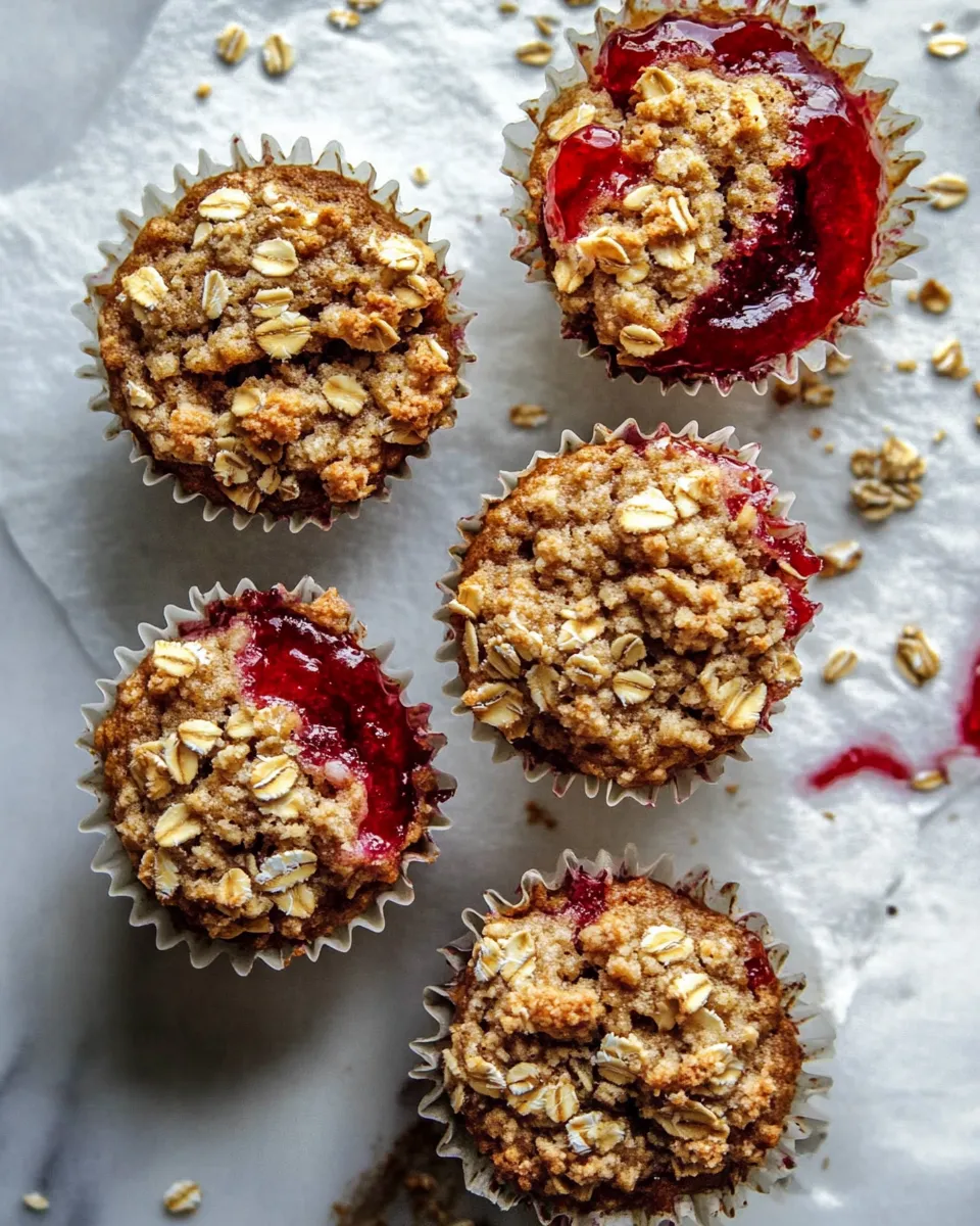 Classic PB&J Oat Streusel Muffins. food shot