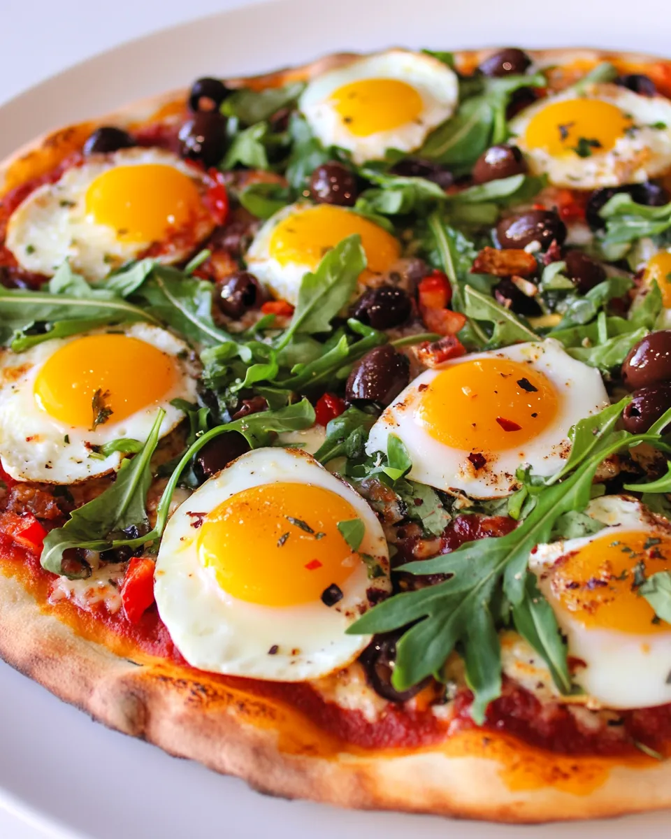 Homemade Pizza with Eggs, Roasted Red Peppers, Olives and Arugula recipe photo