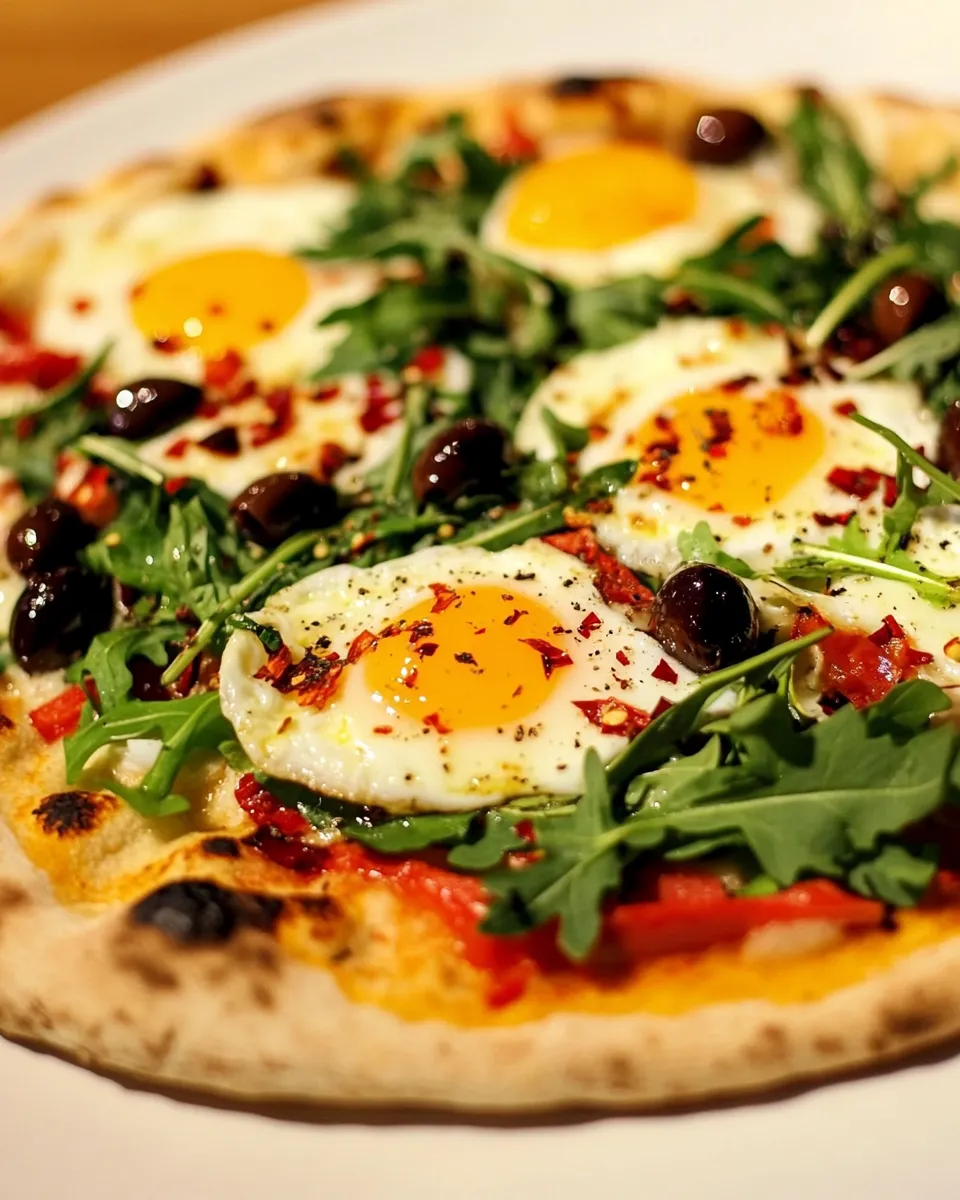 Classic Pizza with Eggs, Roasted Red Peppers, Olives and Arugula dish photo