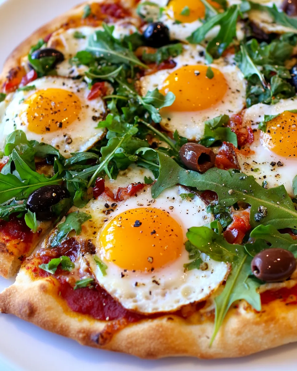 Easy Pizza with Eggs, Roasted Red Peppers, Olives and Arugula food shot