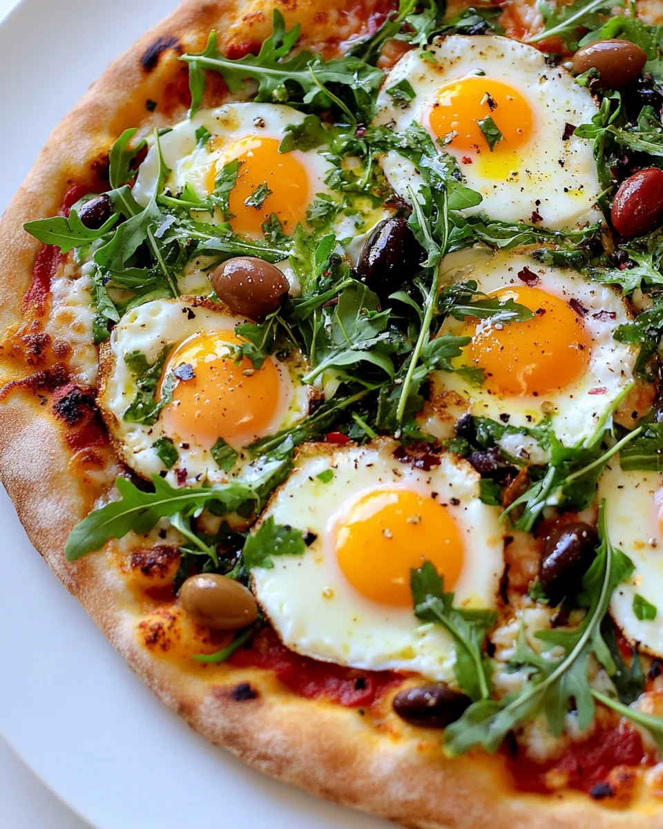 Delicious Pizza with Eggs, Roasted Red Peppers, Olives and Arugula picture