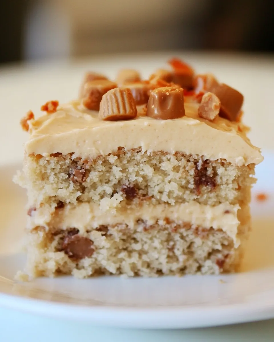 Easy Reeses Peanut Butter Cup Banana Cake with Peanut Butter Cream Cheese Frosting food shot