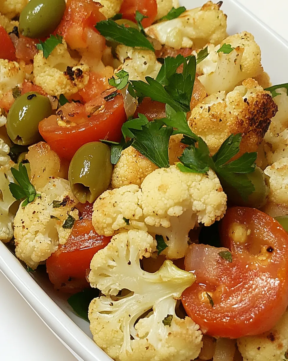 Easy Roasted Cauliflower with Tomato and Green Olives food shot