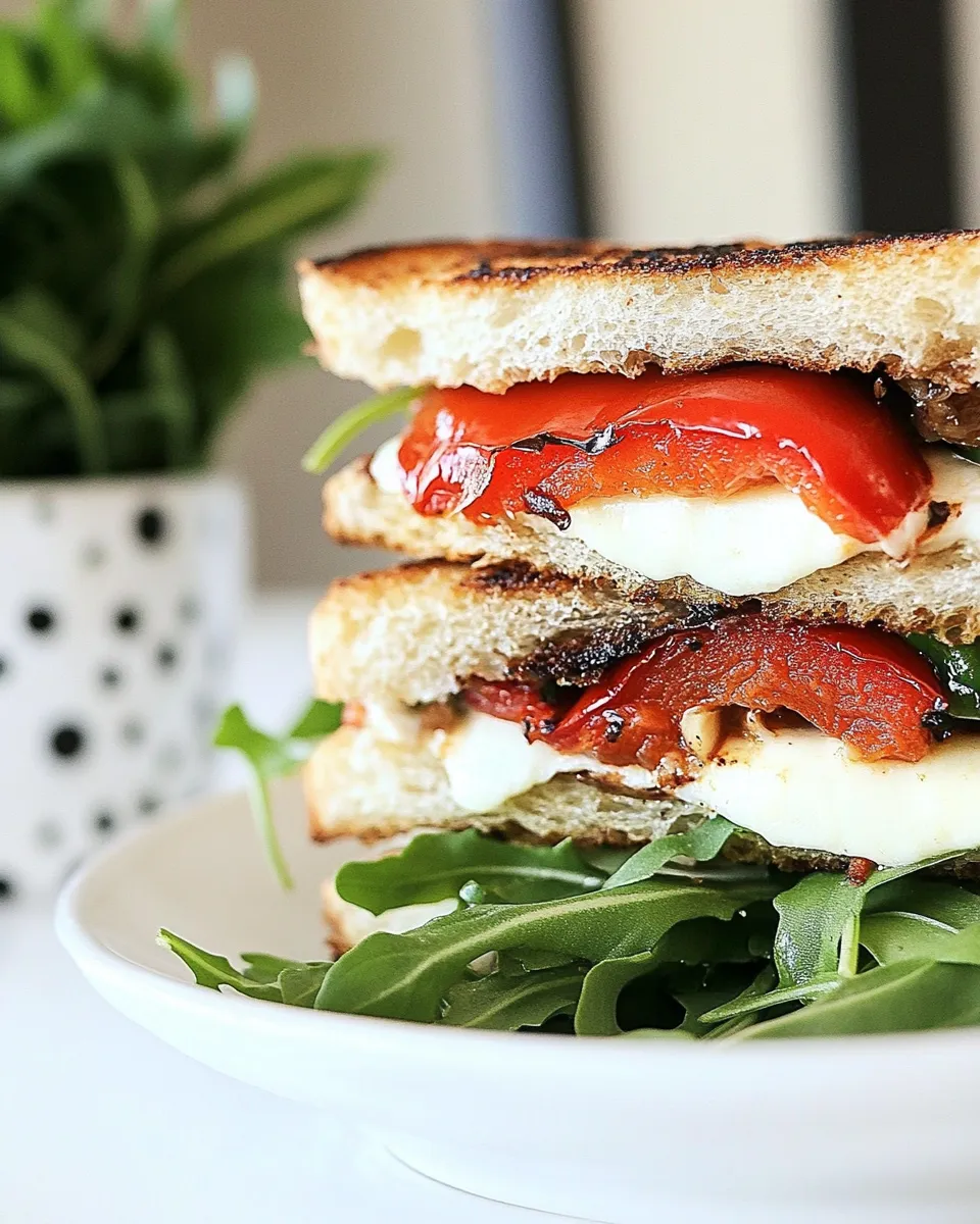 Homemade Roasted Red Pepper, Arugula, and Mozzarella Sandwich photo