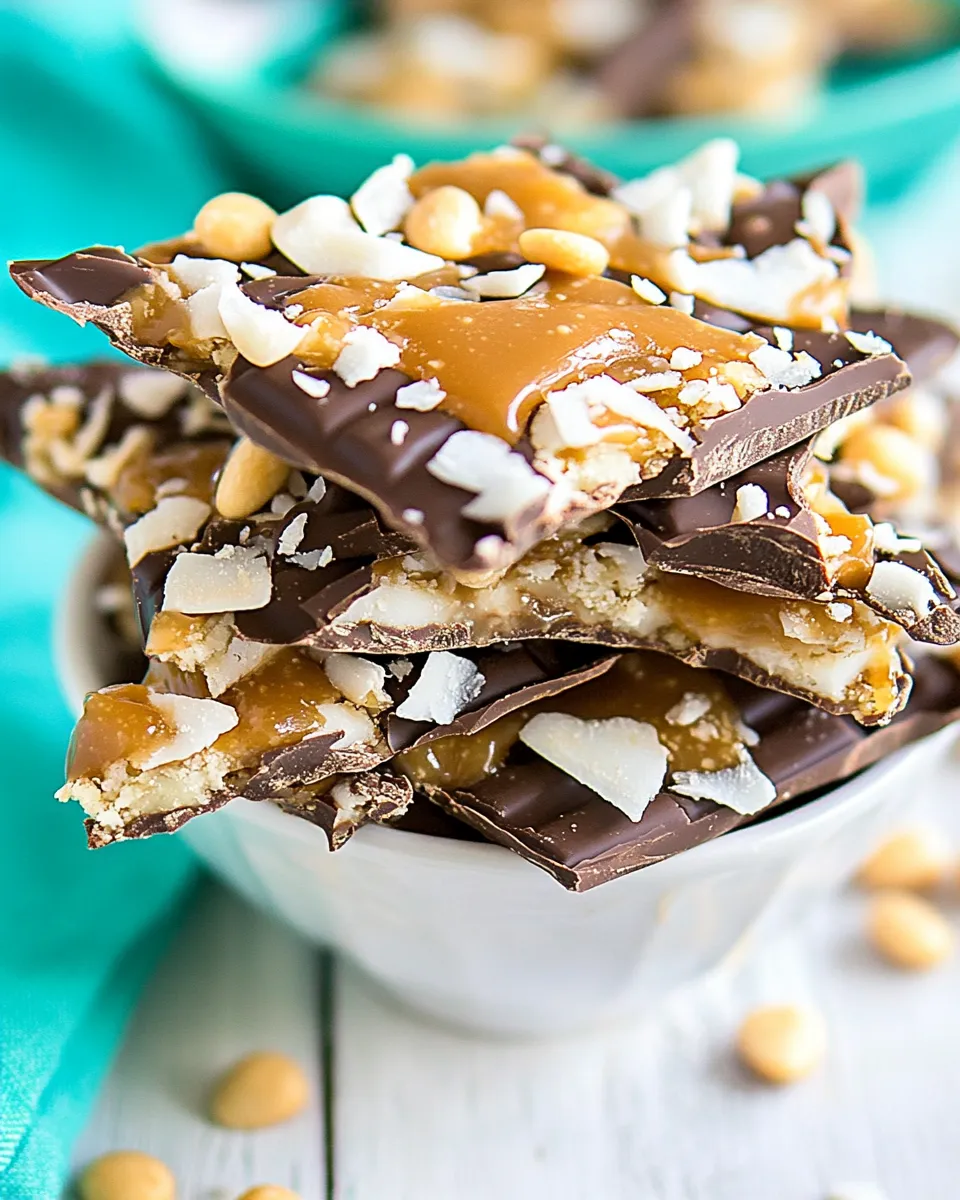 Delicious Salted Caramel Chocolate Coconut Bark food shot
