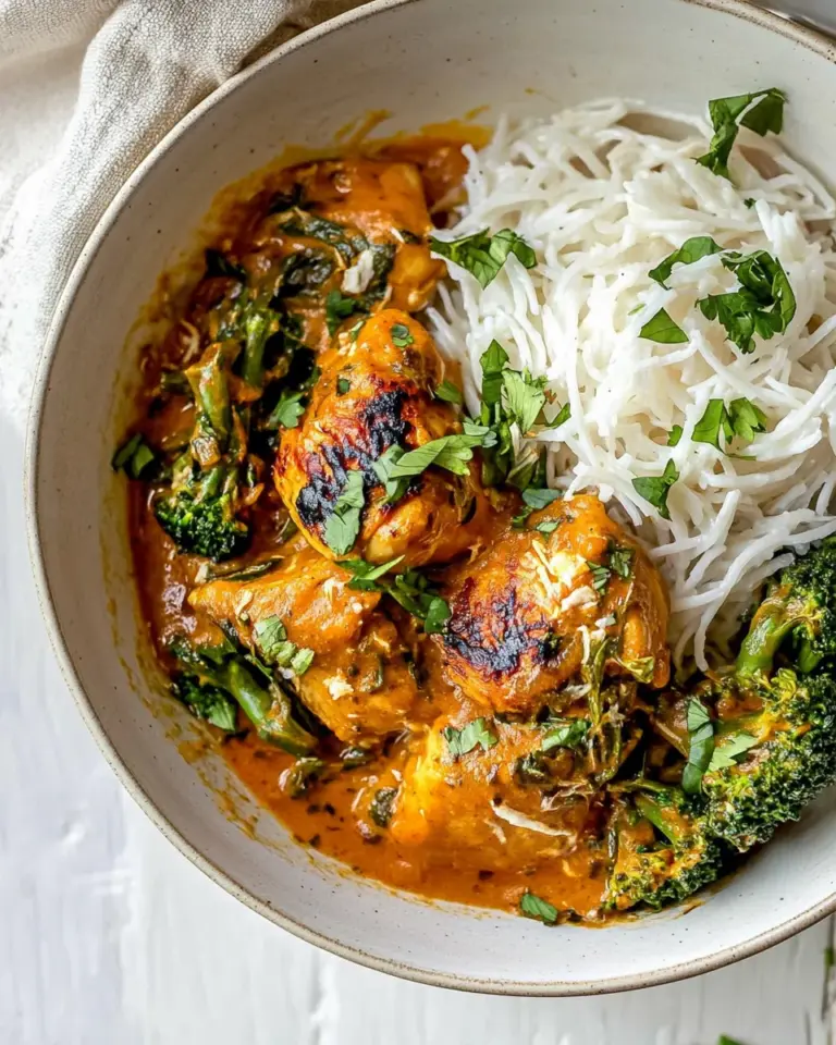 Homemade Saucy Coconut Braised Chicken with Rice Noodles and Broccoli. recipe photo