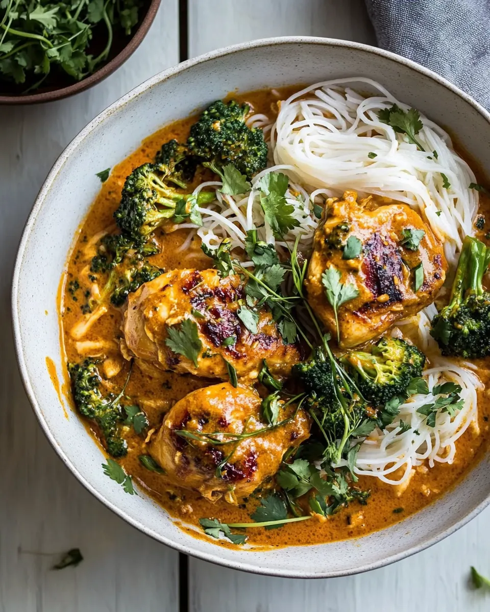 Classic Saucy Coconut Braised Chicken with Rice Noodles and Broccoli. dish photo