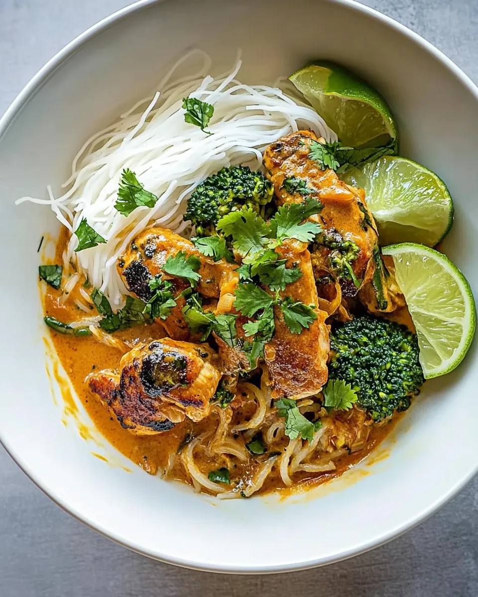 Easy Saucy Coconut Braised Chicken with Rice Noodles and Broccoli. food shot