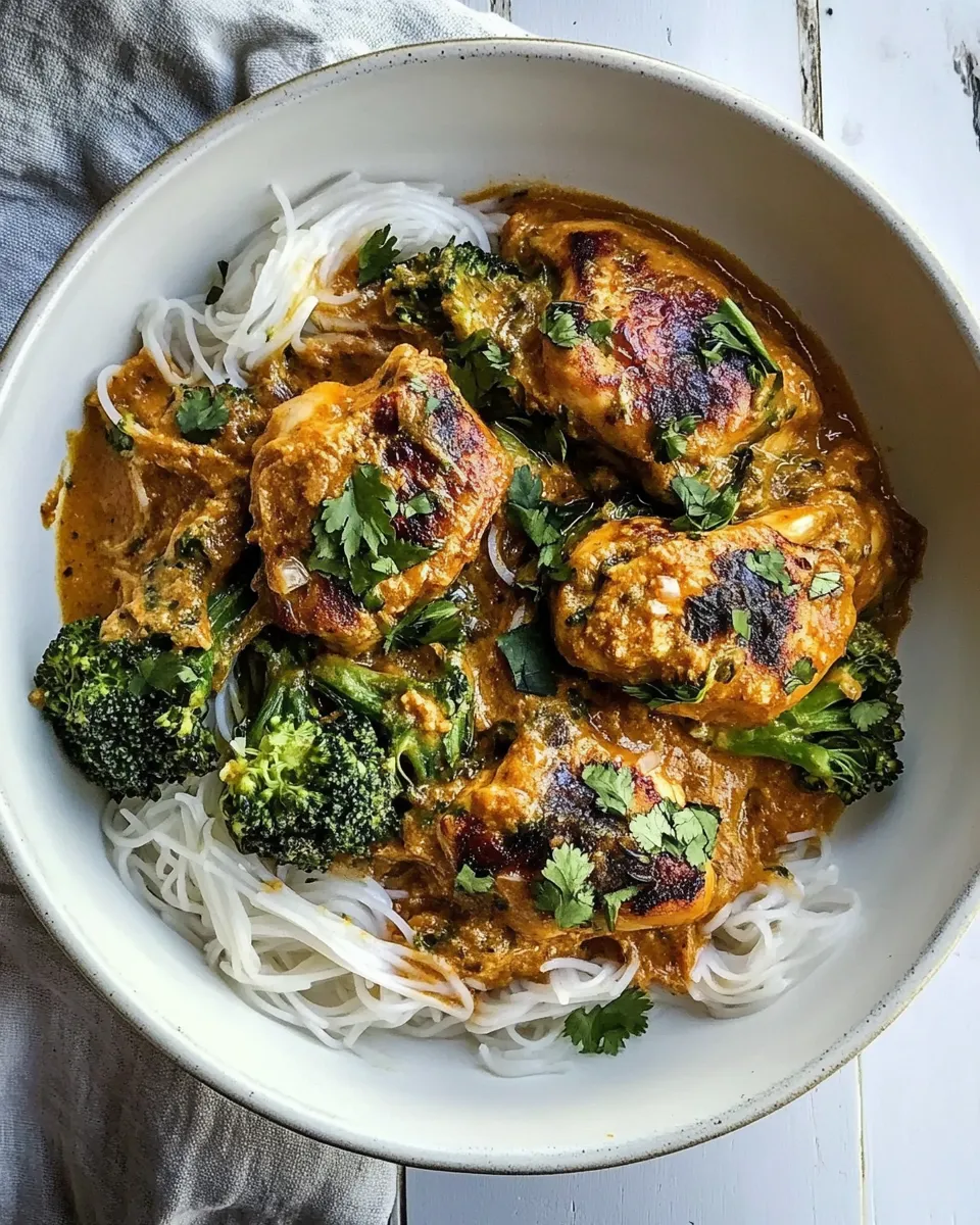 Delicious Saucy Coconut Braised Chicken with Rice Noodles and Broccoli. plate image