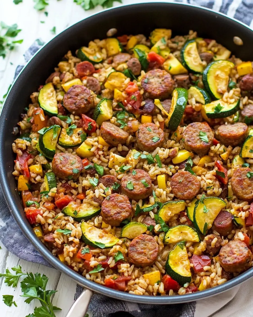 Easy Sausage Zucchini and Brown Rice Skillet (One Pan) food shot