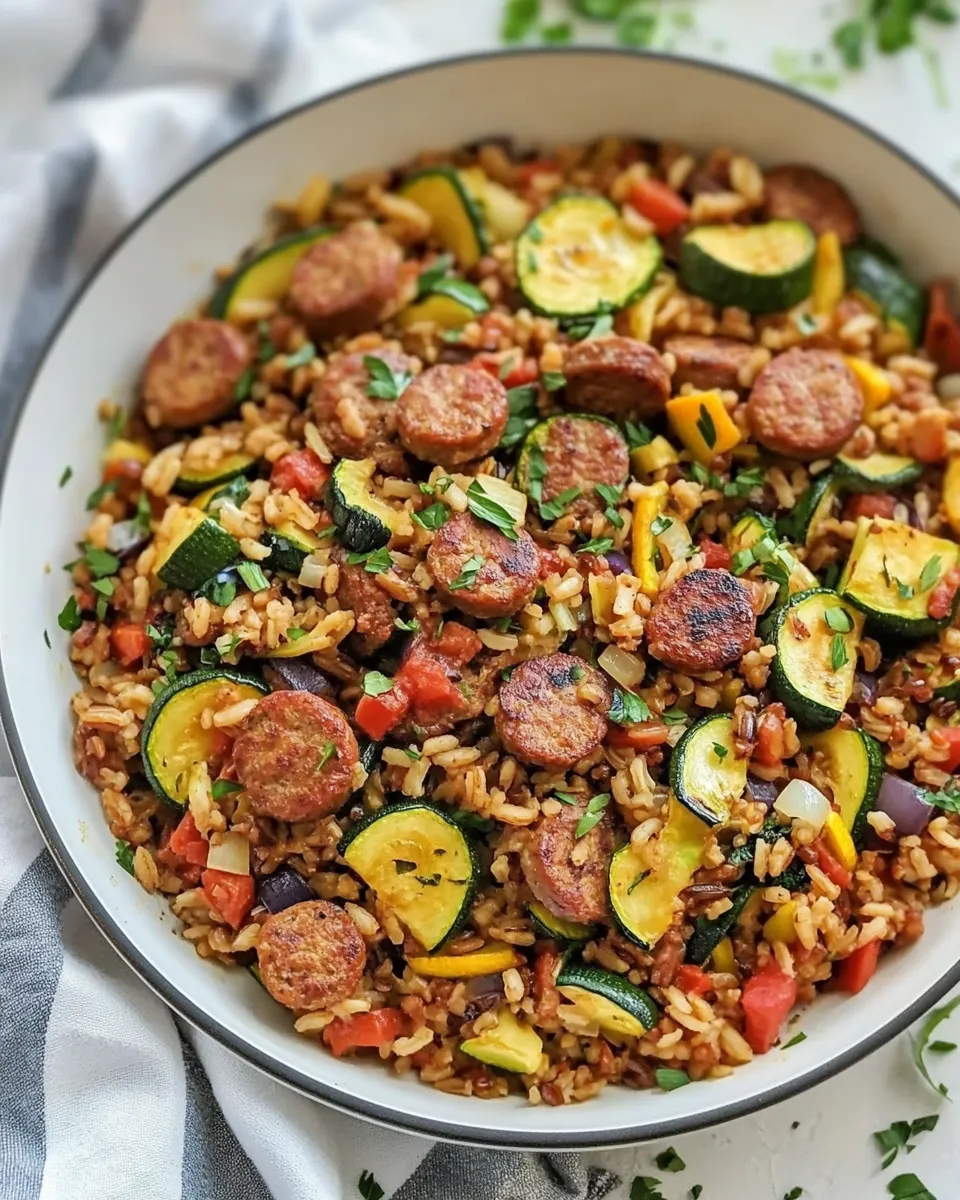 Delicious Sausage Zucchini and Brown Rice Skillet (One Pan) plate image