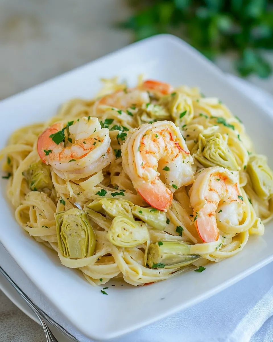 Delicious Shrimp and Artichoke Linguine Recipe food shot