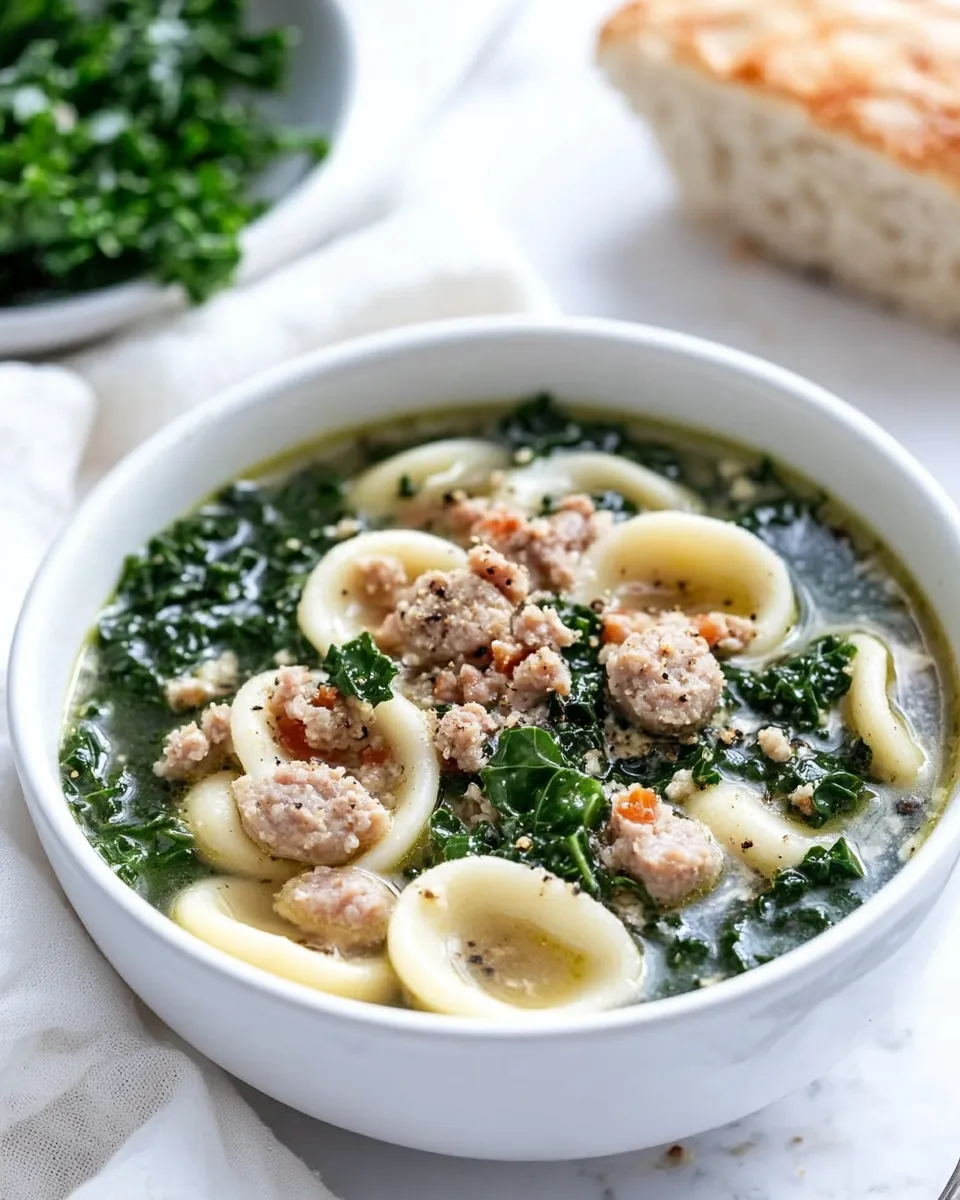 Savory Spicy Sausage, Kale and Whole Wheat Orecchiette Soup. photo