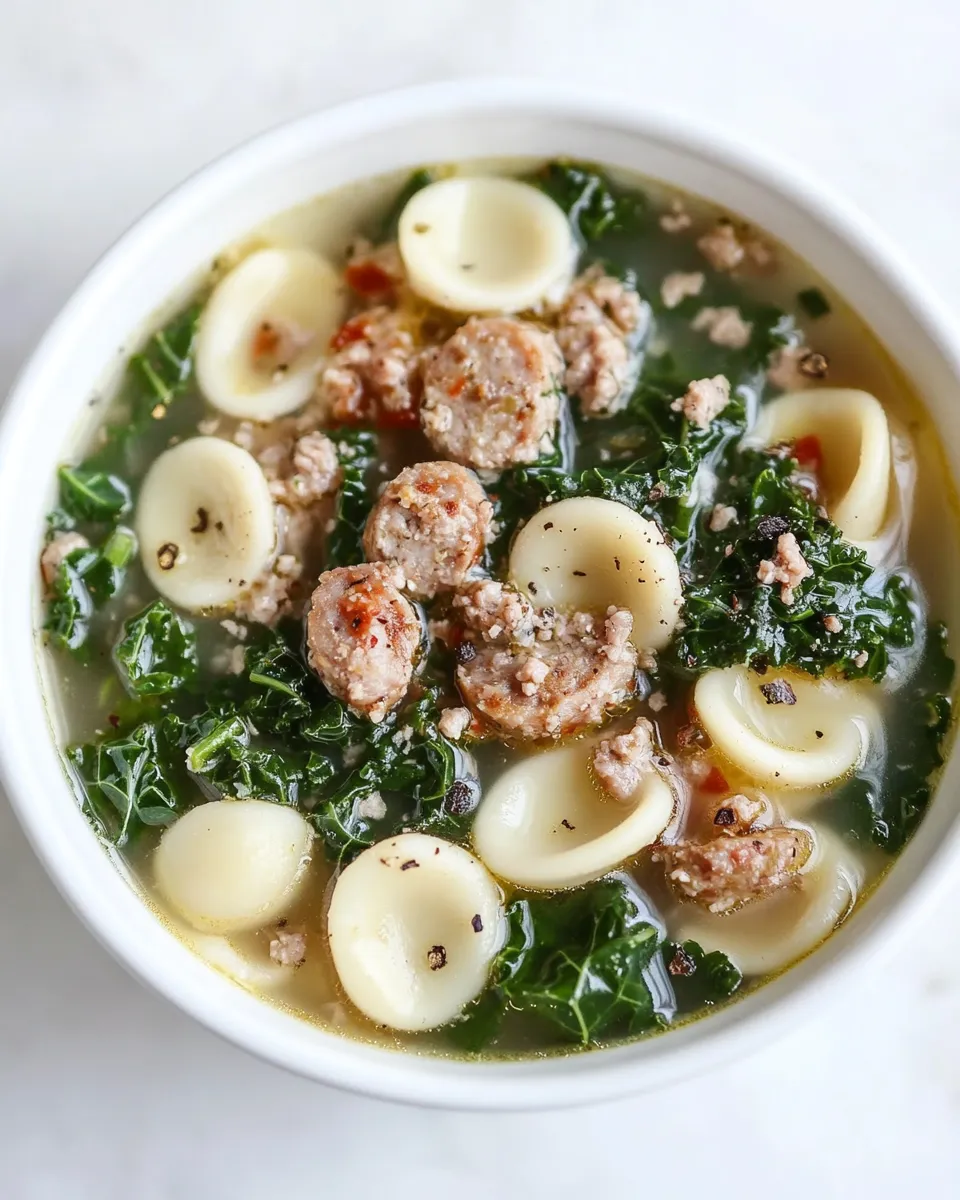 Delicious Spicy Sausage, Kale and Whole Wheat Orecchiette Soup. recipe image