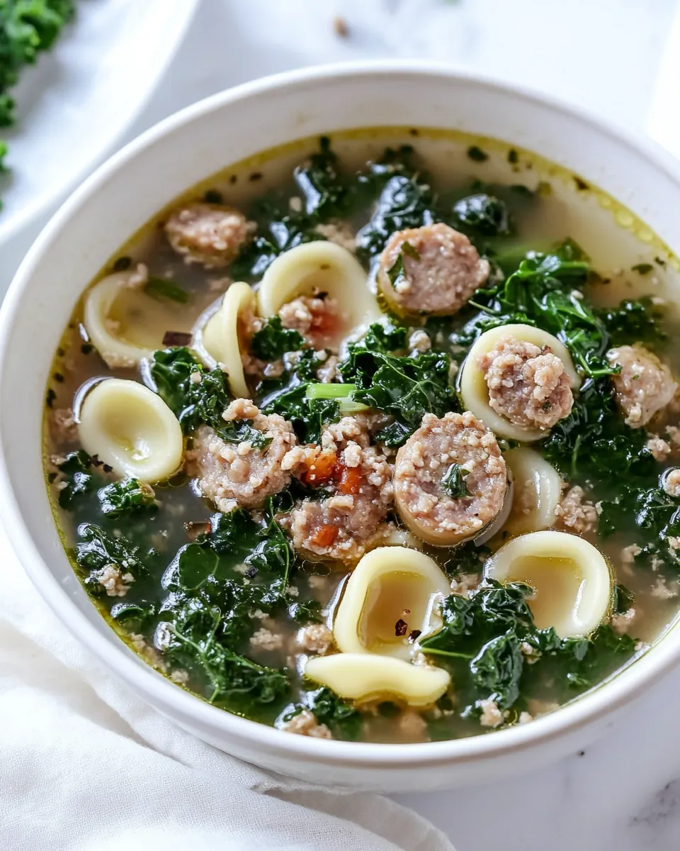 Tasty Spicy Sausage, Kale and Whole Wheat Orecchiette Soup. recipe photo