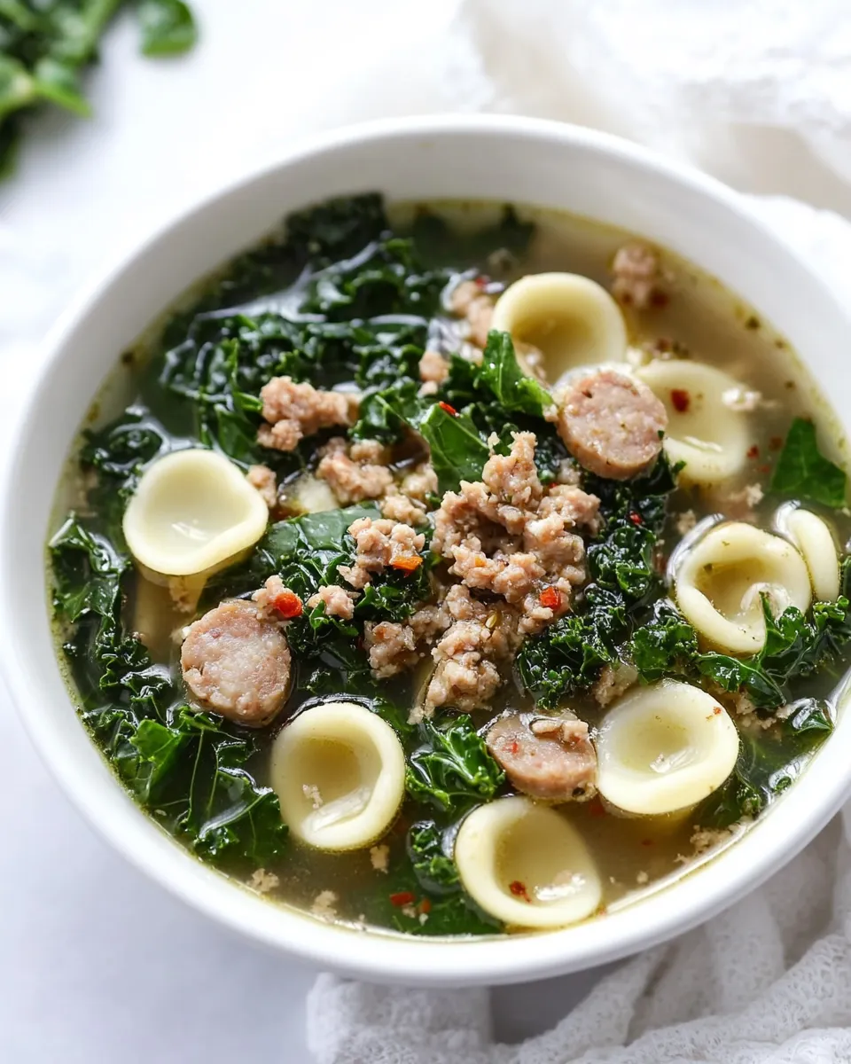 Tasty Spicy Sausage, Kale and Whole Wheat Orecchiette Soup. image