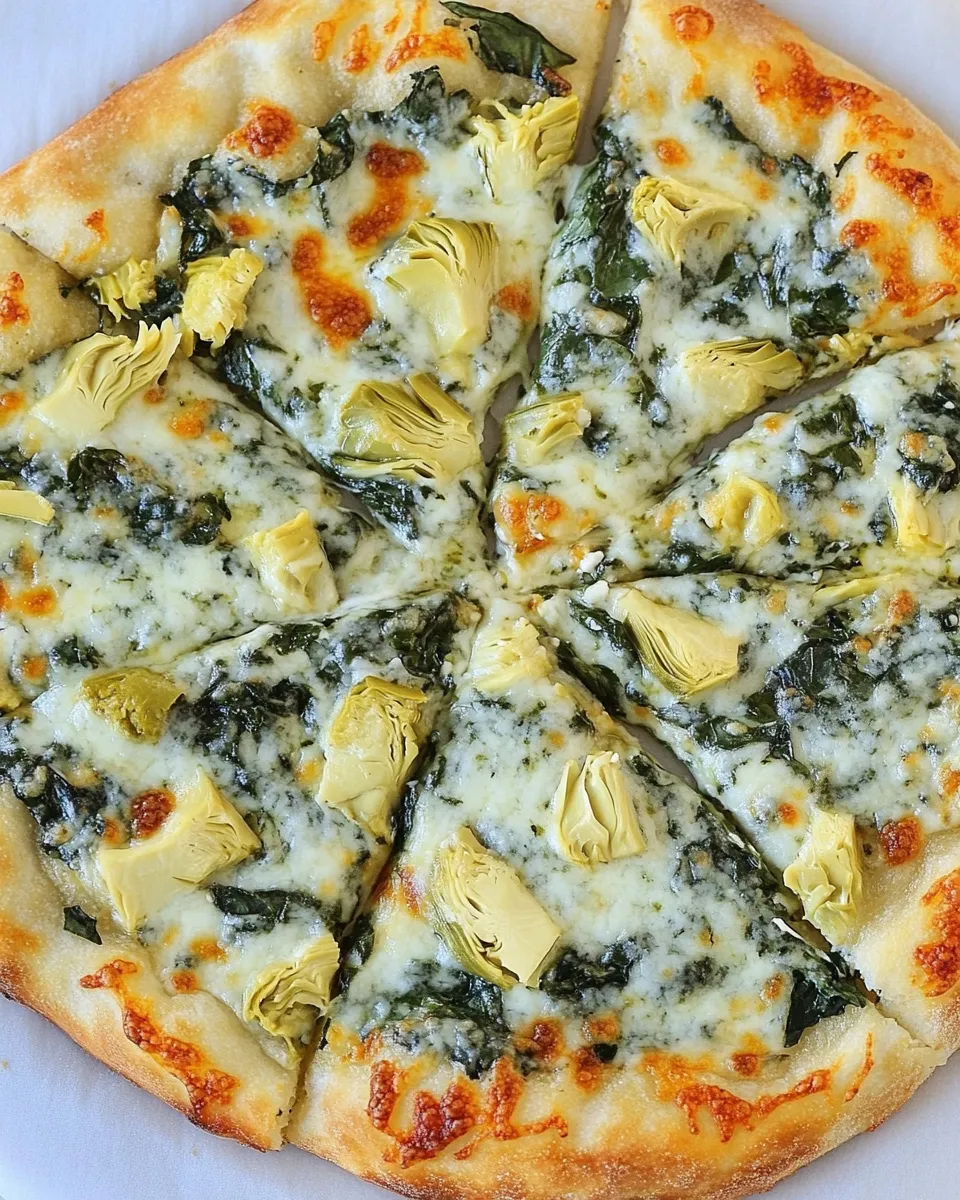 Classic Spinach Artichoke Pizza food shot