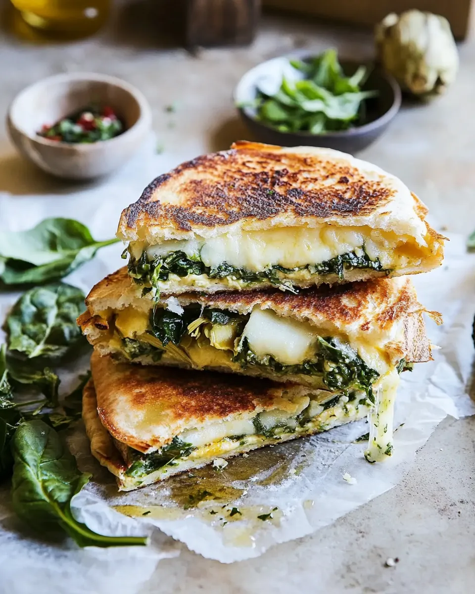 Easy Spinach and Artichoke Pita Grilled Cheese. food shot