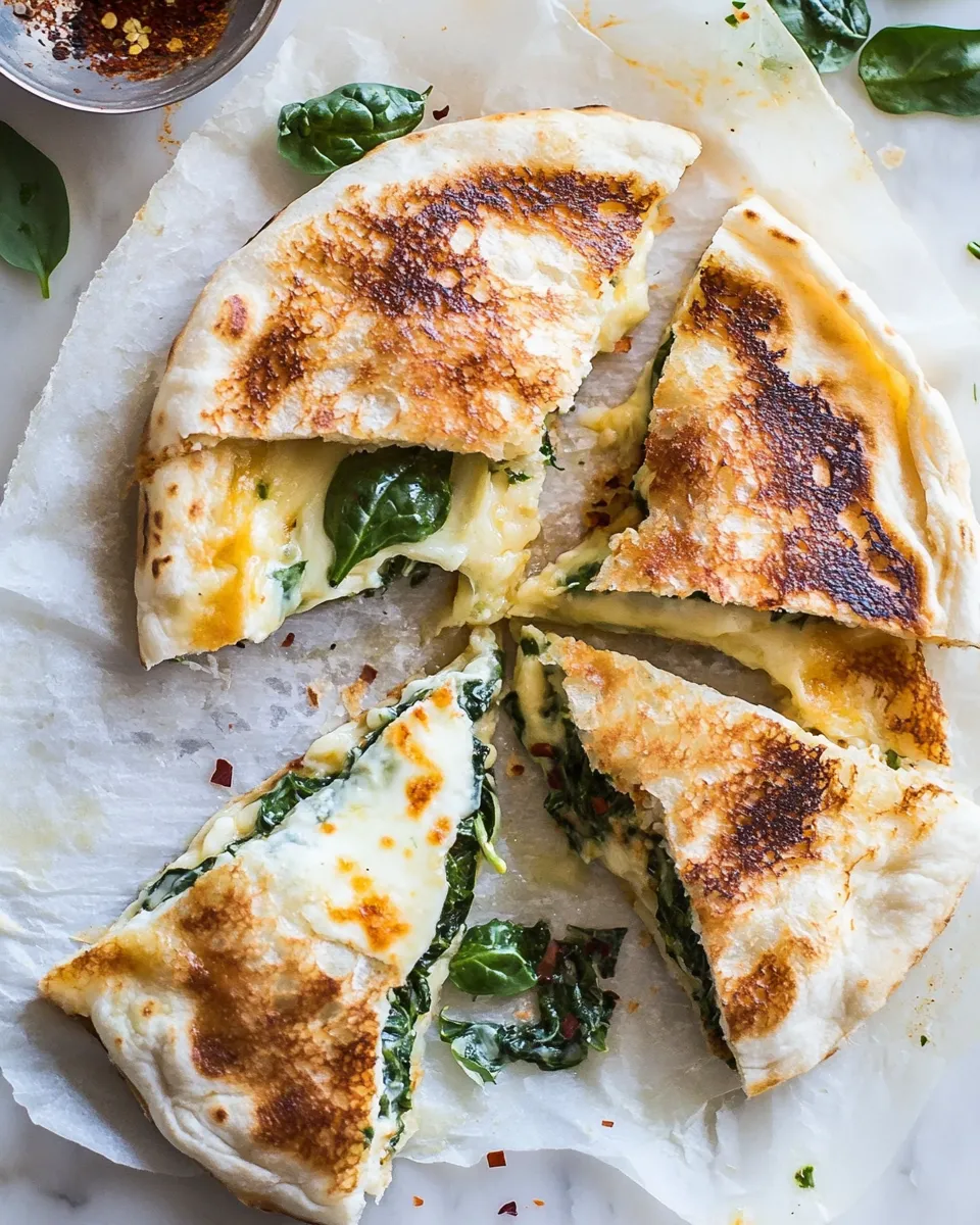 Delicious Spinach and Artichoke Pita Grilled Cheese. plate image