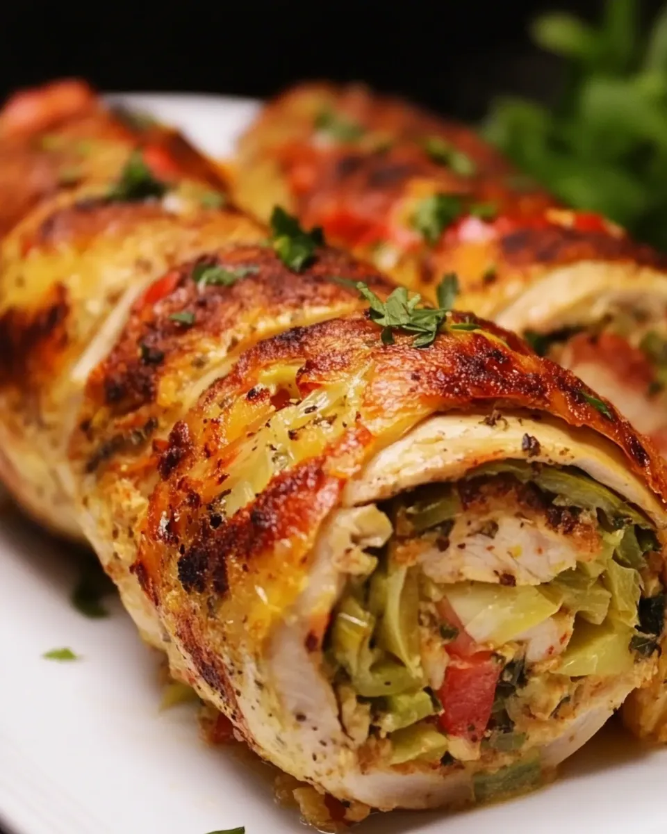Easy Stuffed Chicken Roll with Leek, Tomato and Cheese food shot