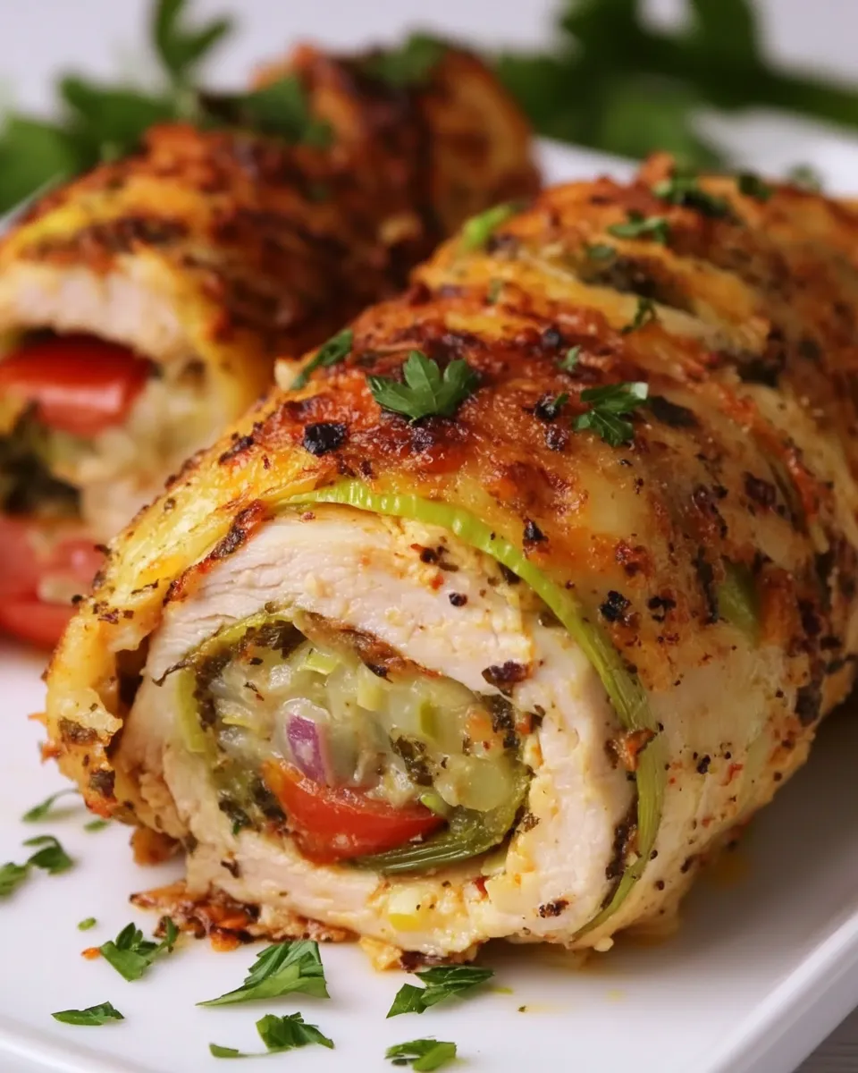 Delicious Stuffed Chicken Roll with Leek, Tomato and Cheese plate image