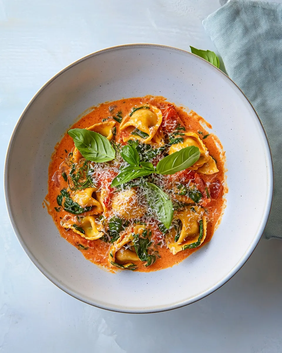 Delicious The Best Creamy Tomato & Spinach Tortelloni plate image