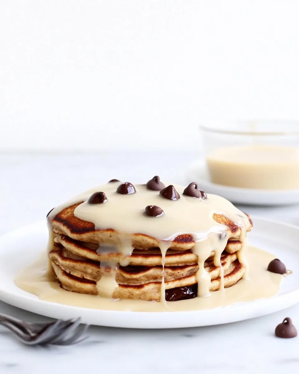Delicious Whole Wheat Chocolate Chip Banana Bread Pancakes with a Vanilla Coconut Glaze dish photo